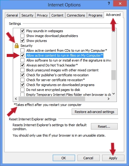 Graphic showing Advanced tool setting in Internet Explorer to allow active content of the Reeves Motal Piano and Synthesizer Music Website